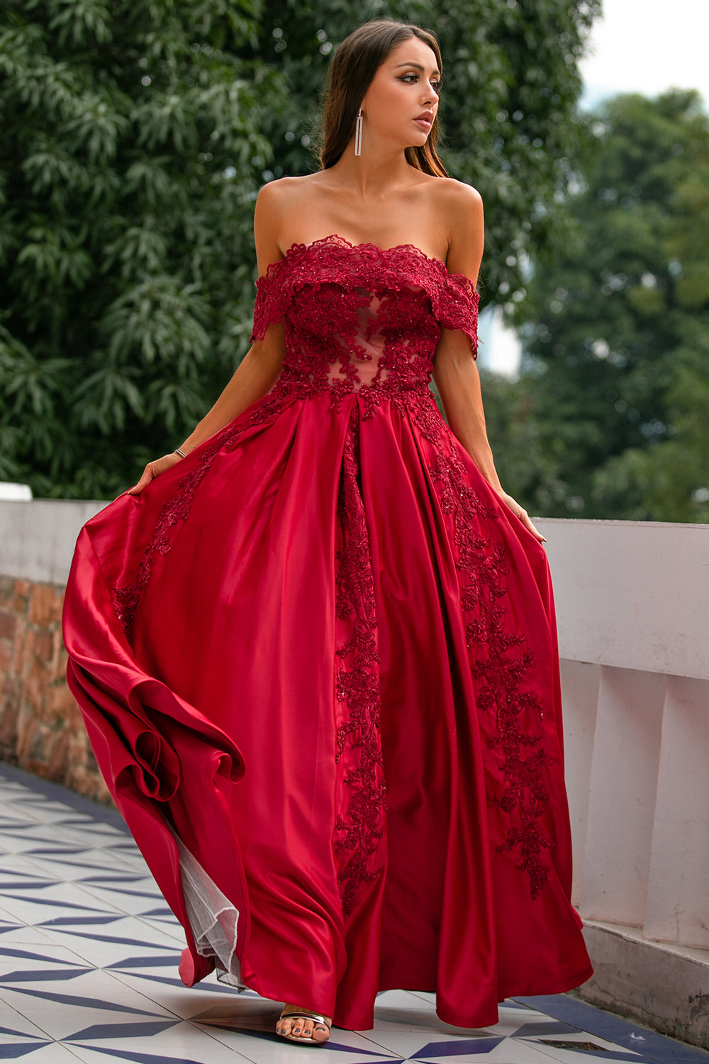 Red Off the Shoulder Long Prom Dress - Fashionpara