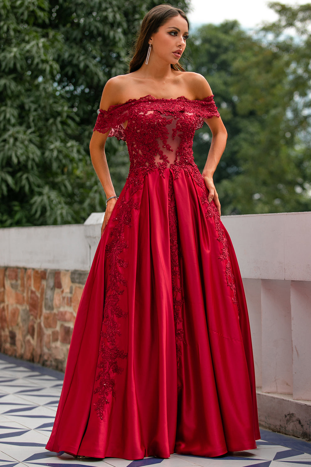 Red Off the Shoulder Long Prom Dress - Fashionpara