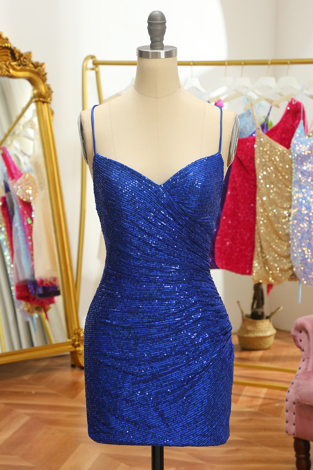 Blue Sequins Tight Backless Short Homecoming Dress - Fashionpara