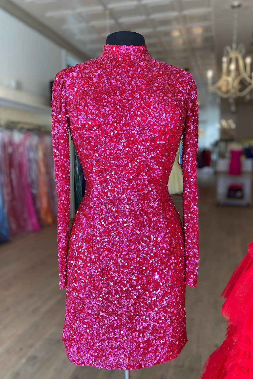 Fuchsia Bodycon Long Sleeve Homecoming Dress With Sequins - Fashionpara