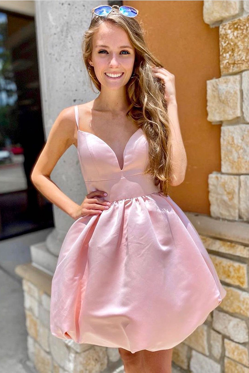 Pink A-line Spaghetti Straps Homecoming Dress With Bowtie - Fashionpara