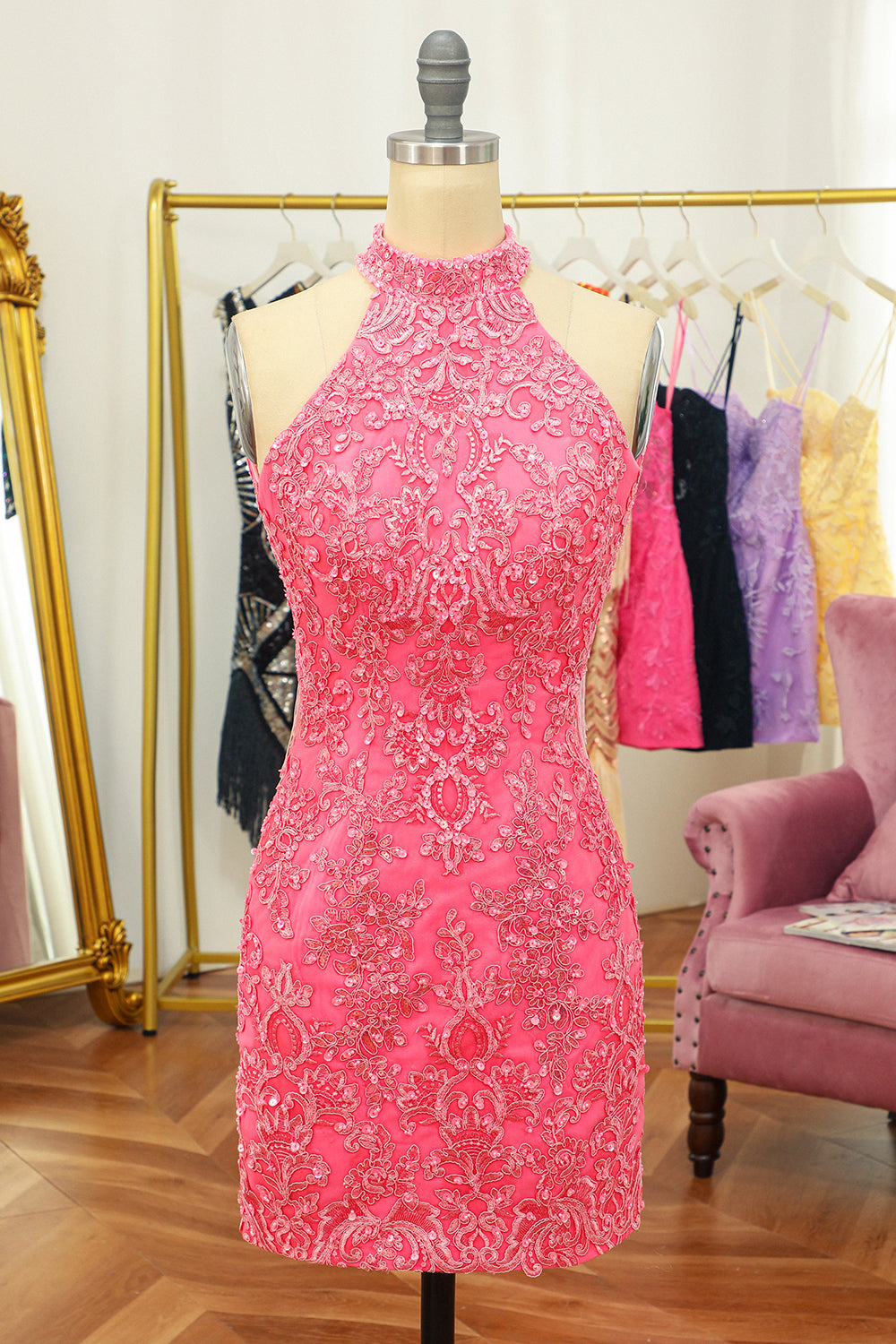 Pink Open Back Halter Lace Tight Homecoming Dress - Fashionpara