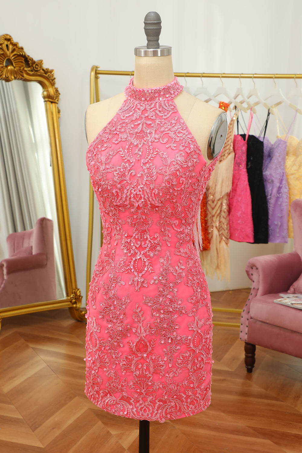 Pink Open Back Halter Lace Tight Homecoming Dress - Fashionpara