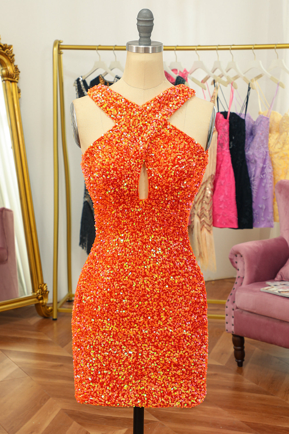 Glitter Orange Halter Backless Sequins Tight Homecoming Dress - Fashionpara