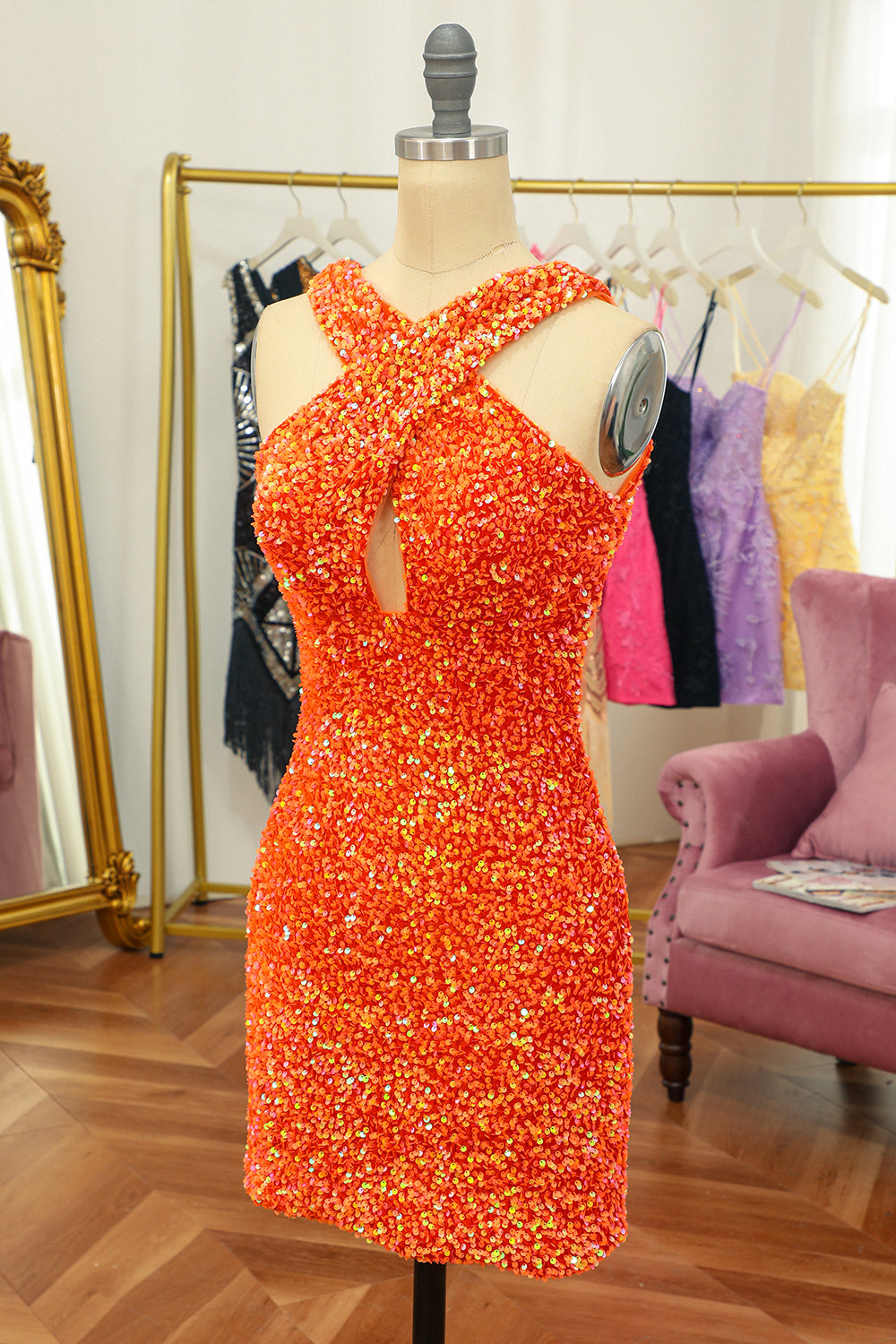 Glitter Orange Halter Backless Sequins Tight Homecoming Dress - Fashionpara