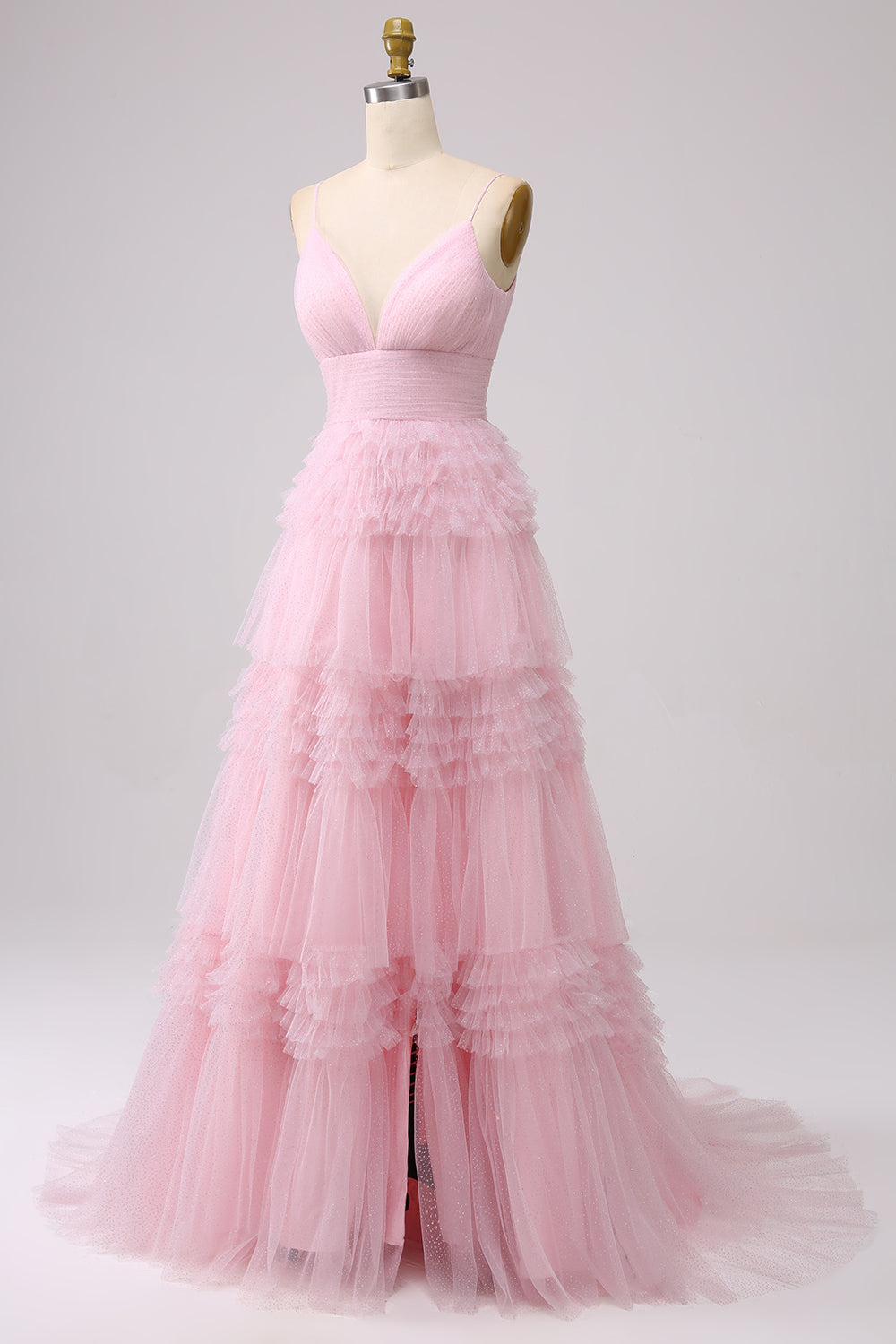 A Line Spaghetti Straps Light Pink Long Prom Dress with Ruffles