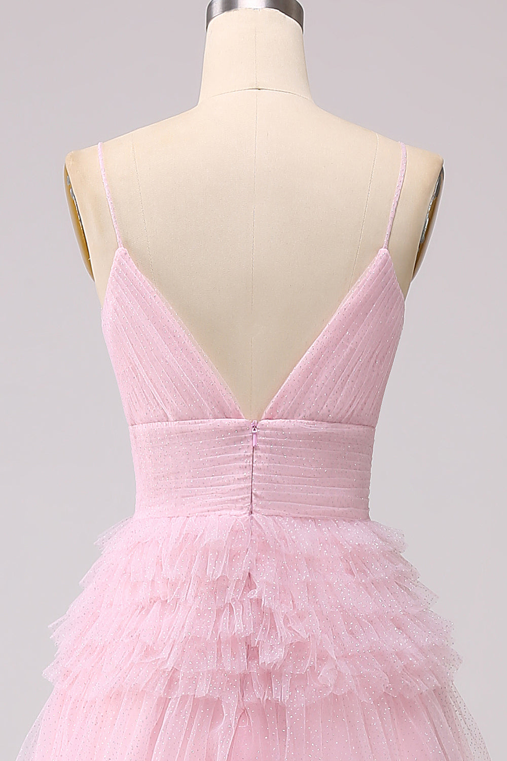 A Line Spaghetti Straps Light Pink Long Prom Dress with Ruffles