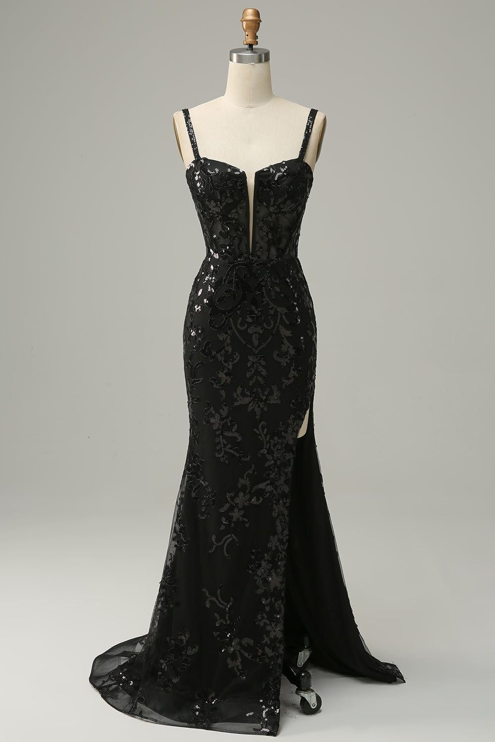 Mermaid Spaghetti Straps Black Sequins Long Prom Dress with Split Front - Fashionpara