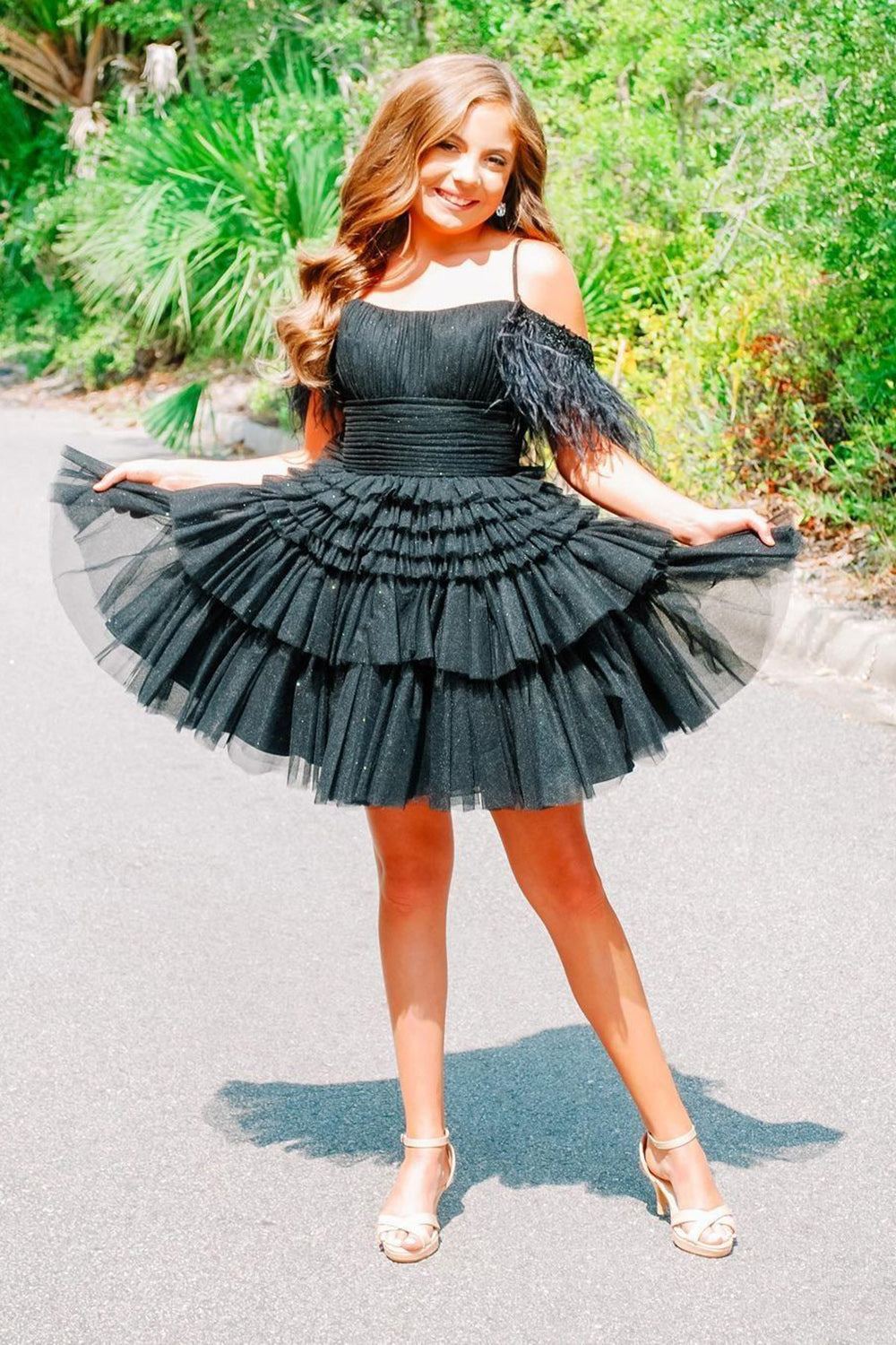 Thea A-Line Pink Glitter Tulle Homecoming Dress with Feathers - Fashionpara