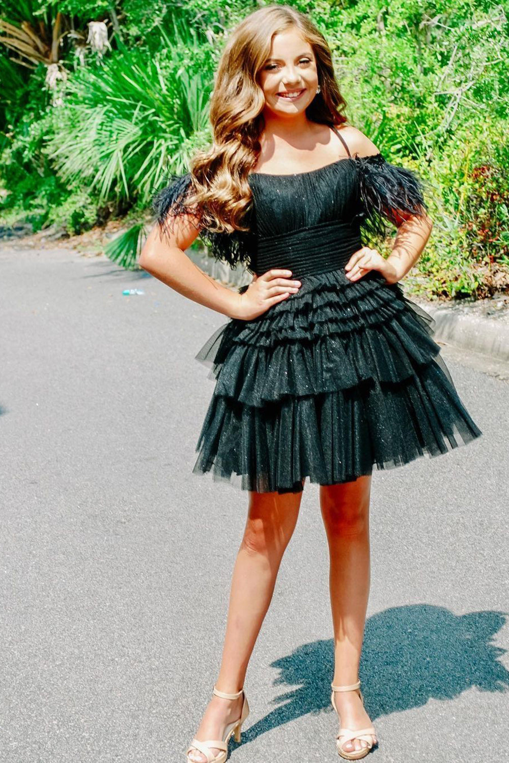 Thea A-Line Pink Glitter Tulle Homecoming Dress with Feathers - Fashionpara