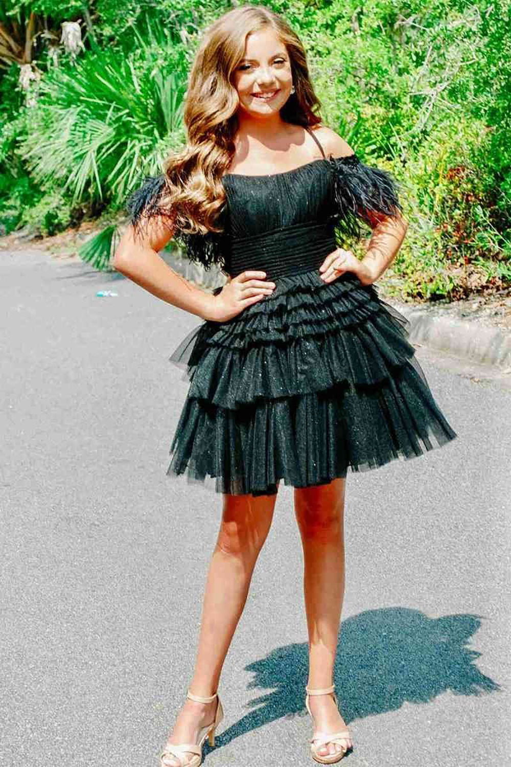 Thea A-Line Pink Glitter Tulle Homecoming Dress with Feathers - Fashionpara