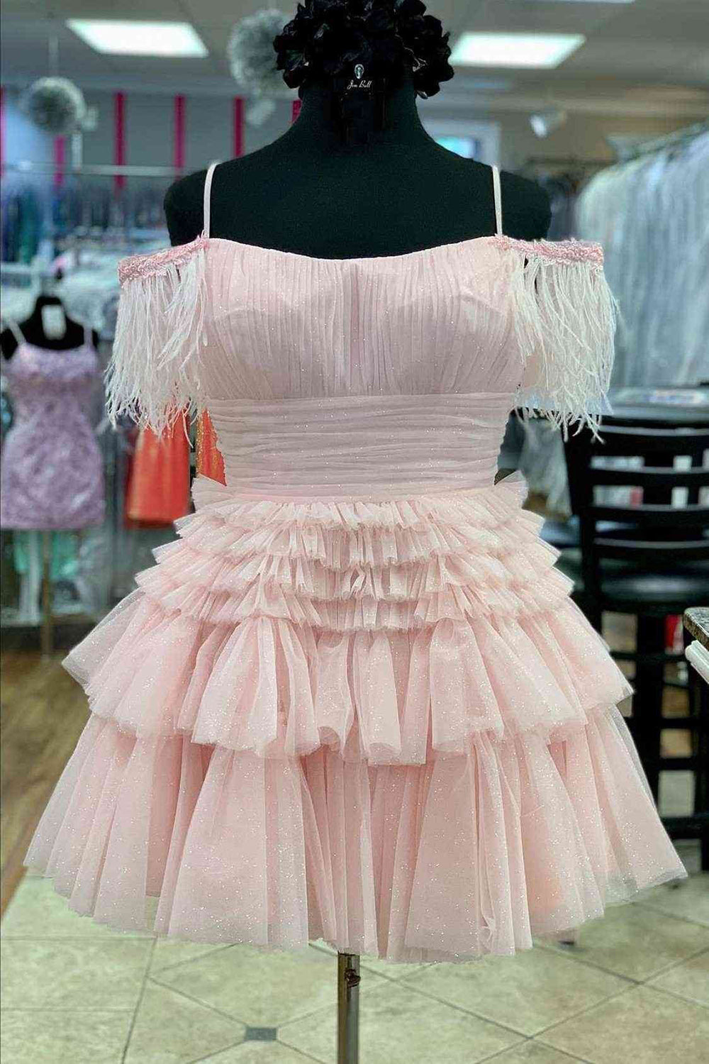 Thea A-Line Pink Glitter Tulle Homecoming Dress with Feathers - Fashionpara