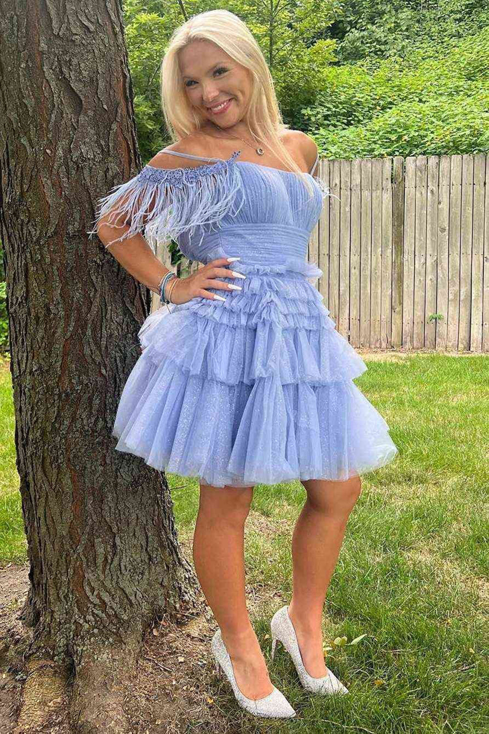 Thea A-Line Pink Glitter Tulle Homecoming Dress with Feathers - Fashionpara
