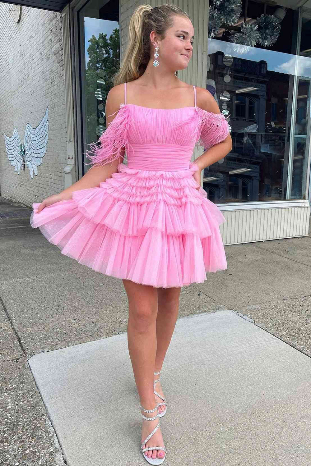 Thea A-Line Pink Glitter Tulle Homecoming Dress with Feathers - Fashionpara