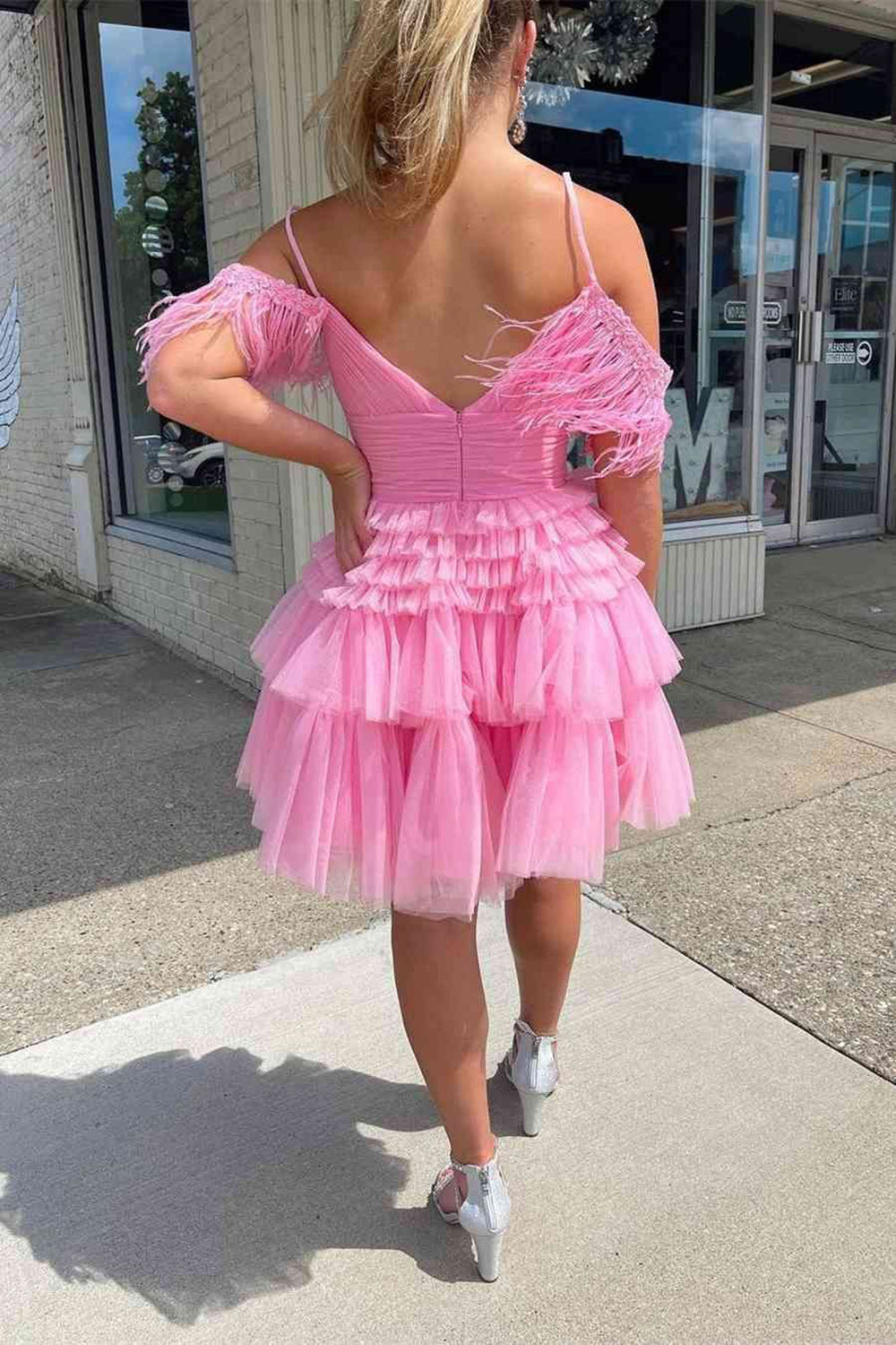 Thea A-Line Pink Glitter Tulle Homecoming Dress with Feathers - Fashionpara