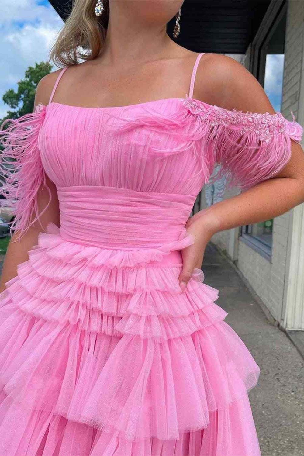 Thea A-Line Pink Glitter Tulle Homecoming Dress with Feathers - Fashionpara