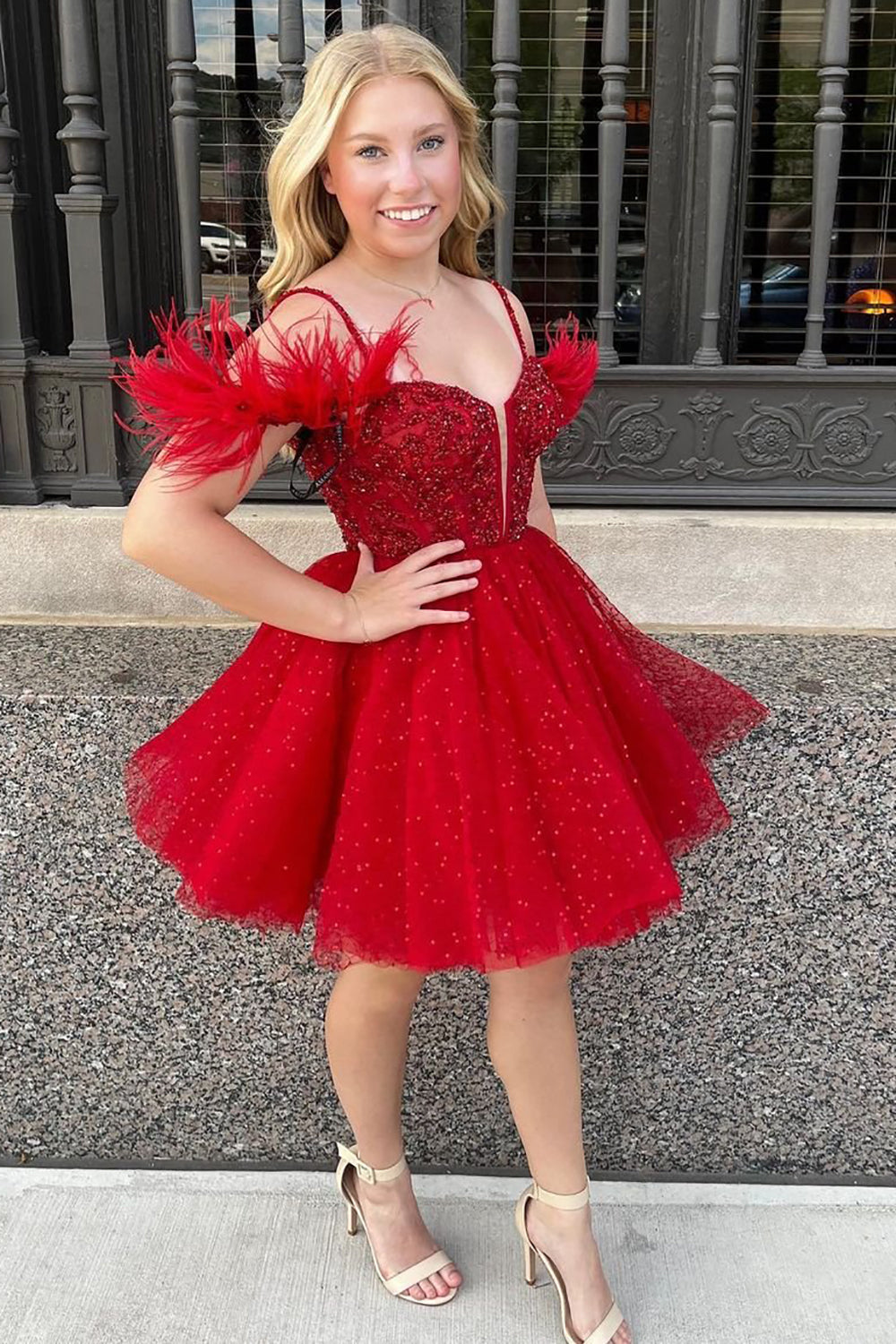 Anna A-Line Sparkling Tulle Corset Homecoming Dress with Feather Details - Fashionpara