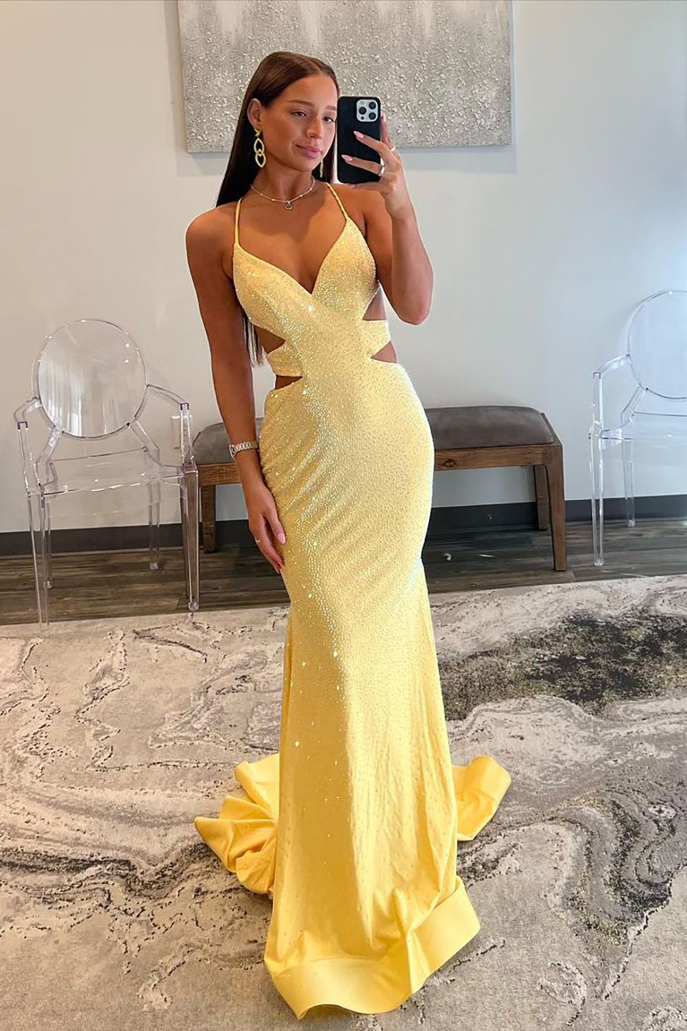 Yellow Mermaid Cutout Waist Lace Up Corset Long Beaded Prom Dress