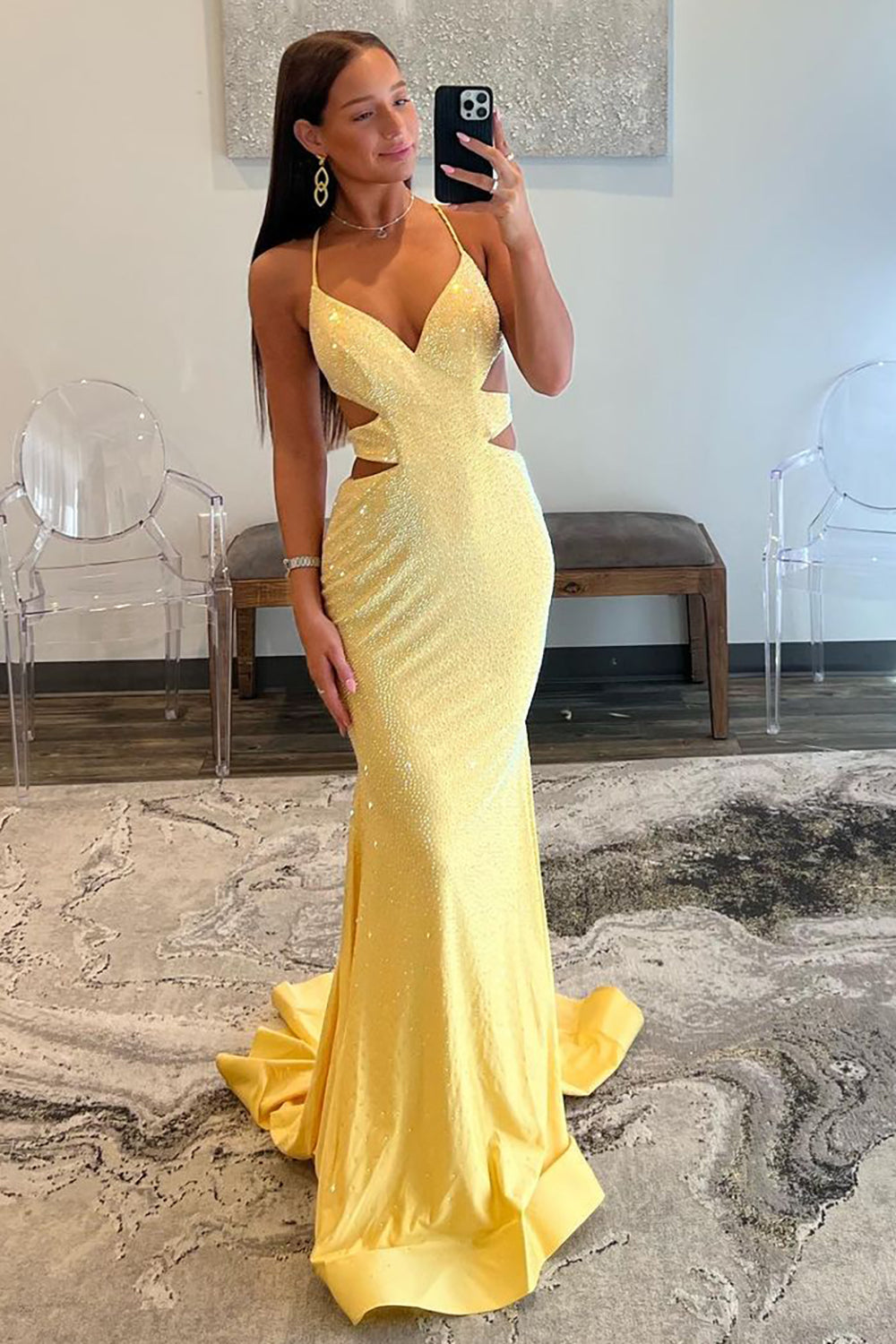 Yellow Mermaid Cutout Waist Lace Up Corset Long Beaded Prom Dress