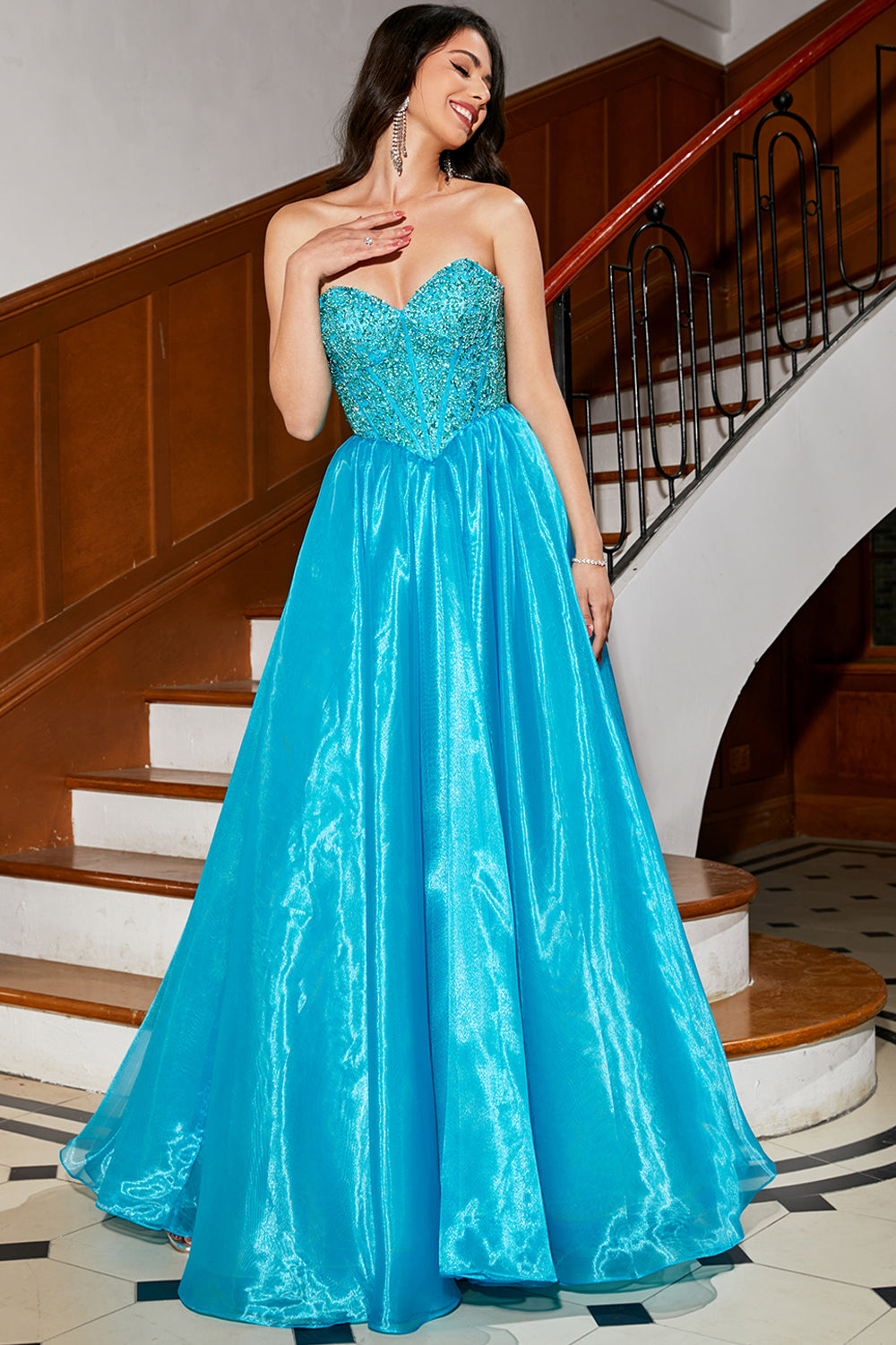 A-Line Blue Corset Prom Dress with Beading