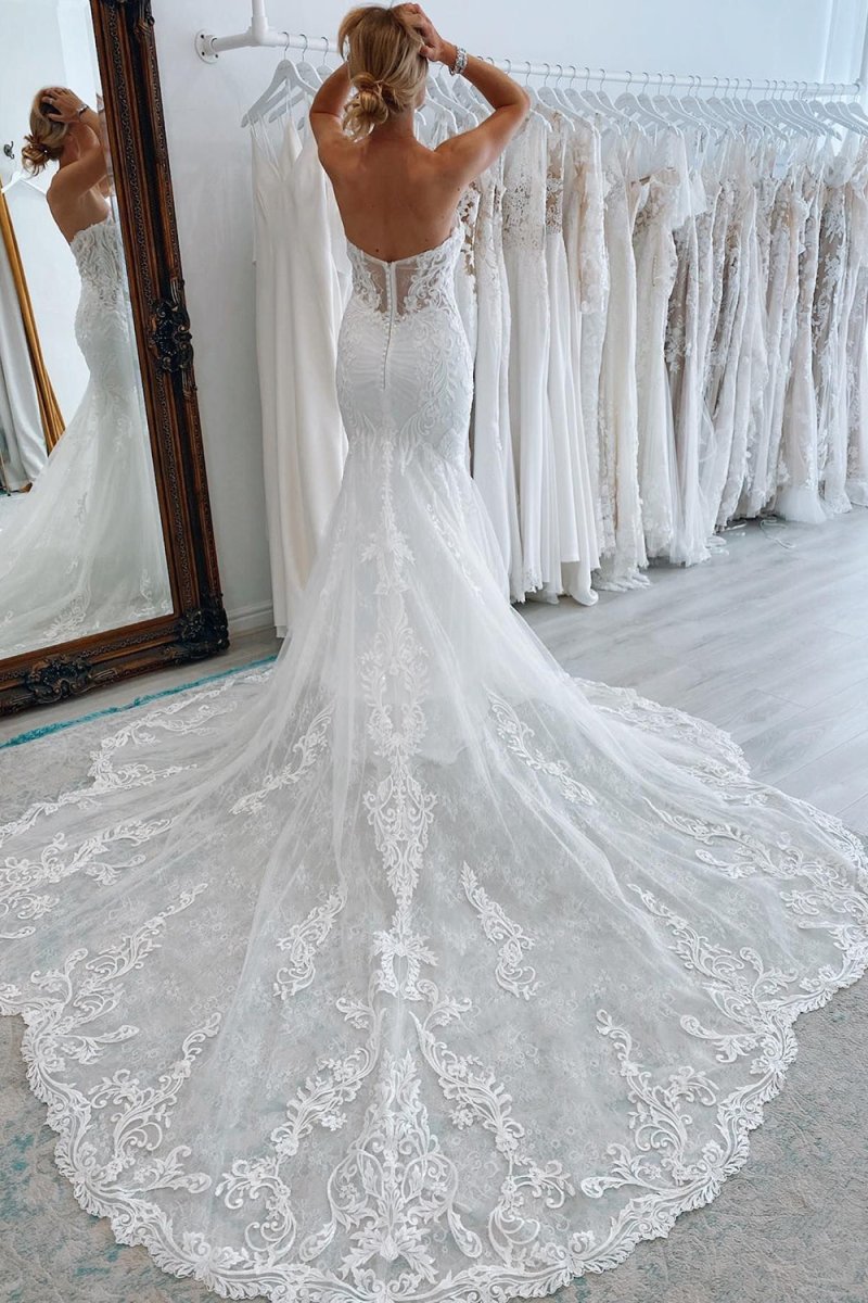 White Long Tulle Mermaid Wedding Dress with Lace Appliques