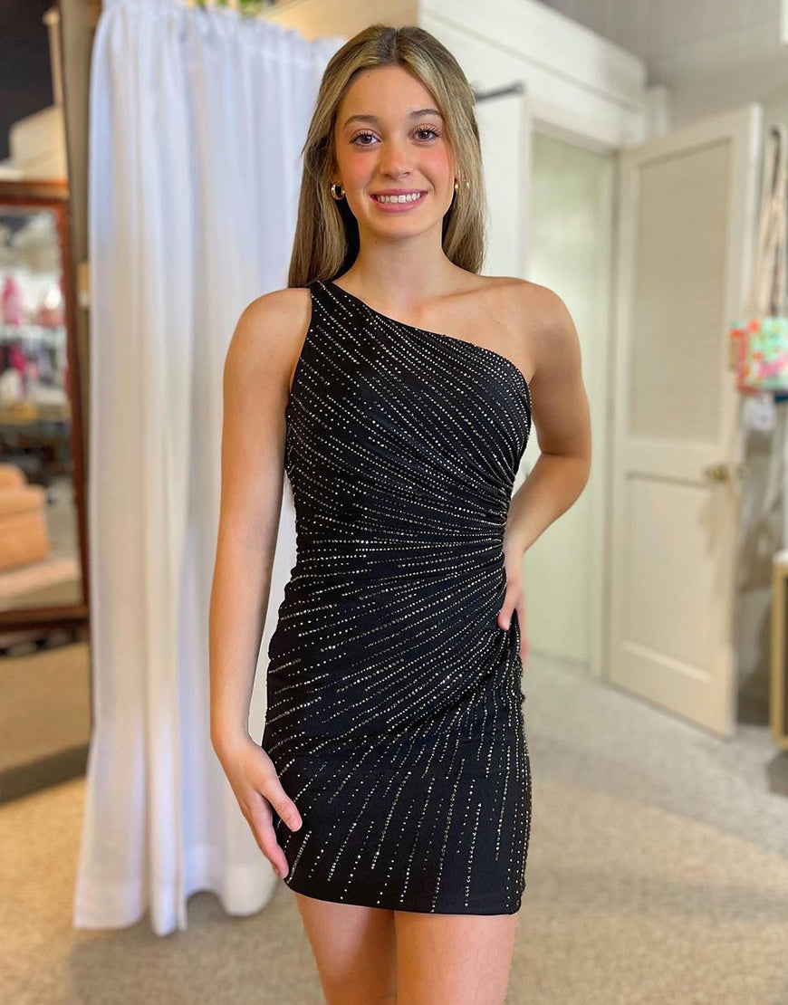 Black Sparkly One Shoulder Tight Homecoming Dress - Fashionpara