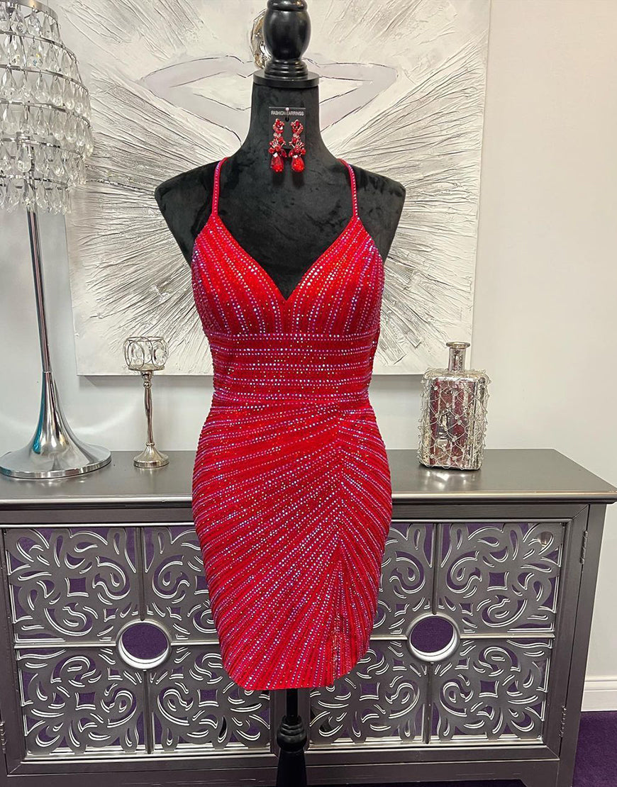 Elegant V-Neck Cross Back Glitter Homecoming Dress - Fashionpara