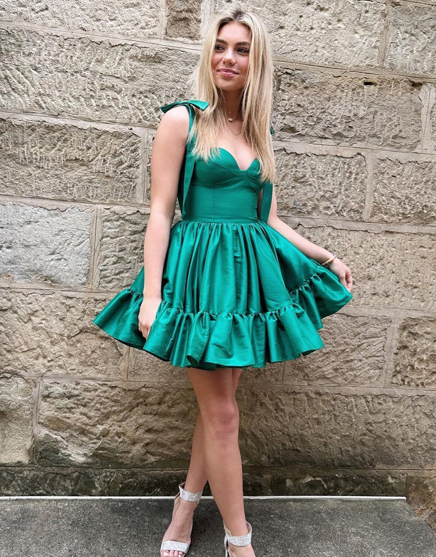 Green A-Line Tie Straps Short Satin Homecoming Dress