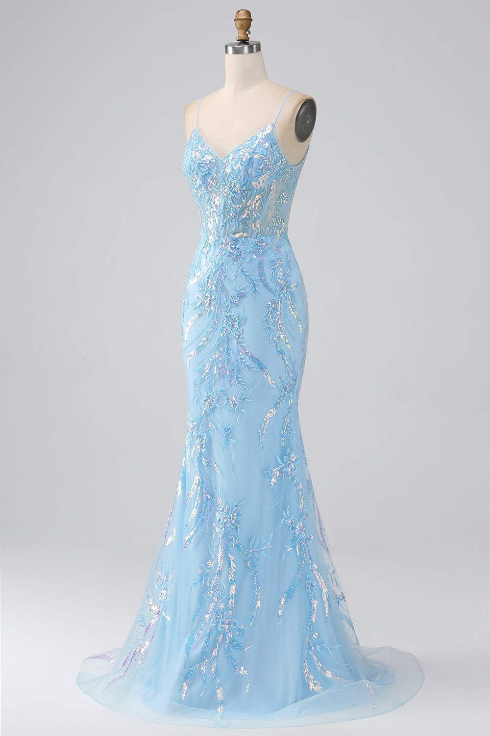 Sparkly Light Blue Mermaid Spaghetti Straps Long Prom Dress With Beading