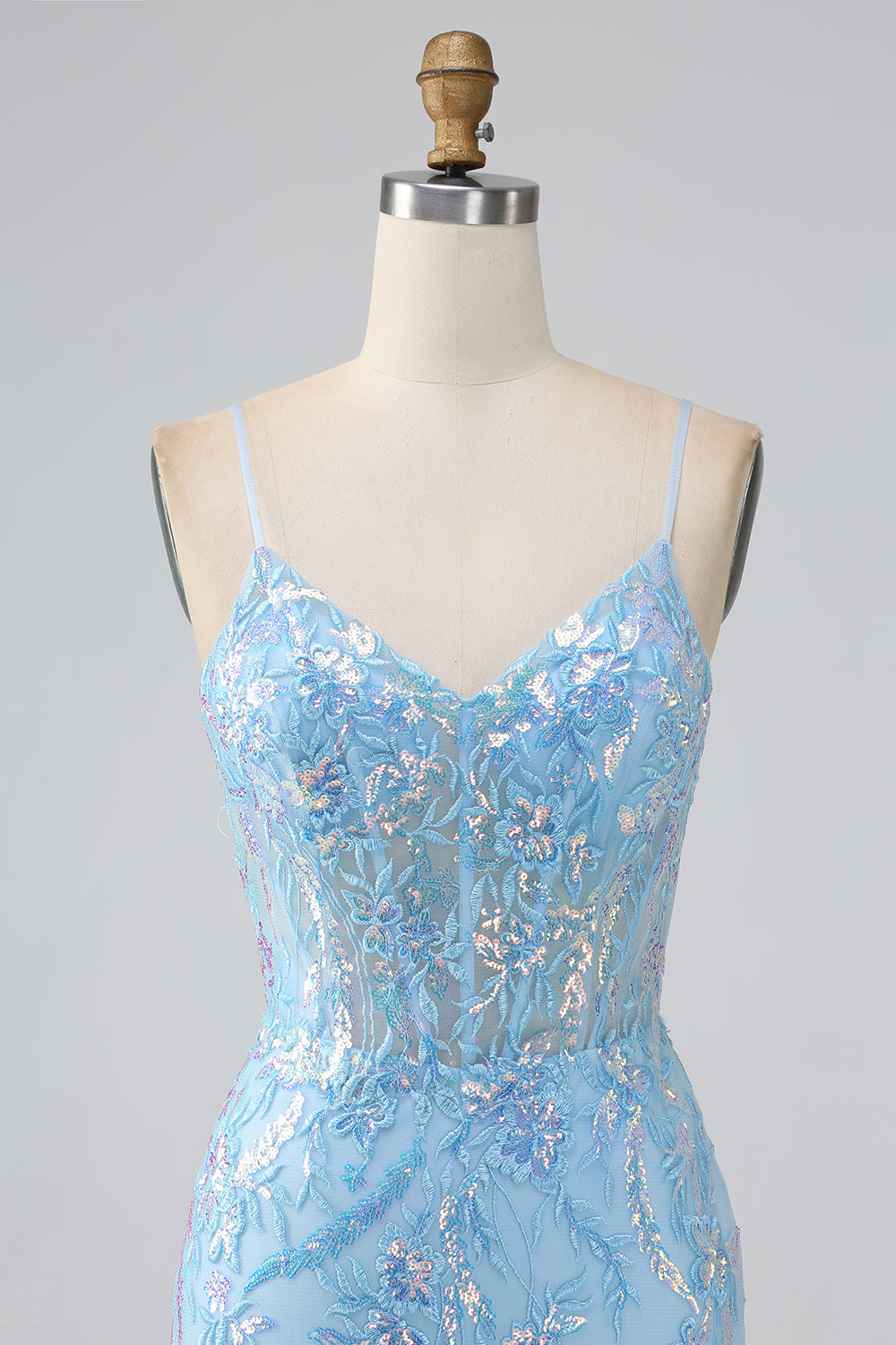 Sparkly Light Blue Mermaid Spaghetti Straps Long Prom Dress With Beading
