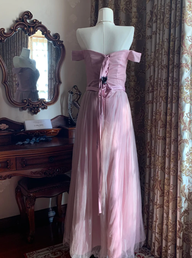 Sweet Pink Off The Shoulder Tulle A Line Long Birthday Party Dress Formal Wedding Guest Dress D1712