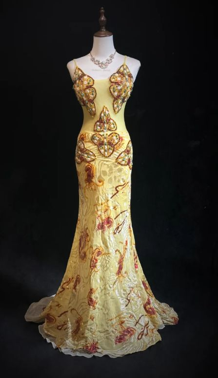 Gorgeous Yellow Spaghetti Straps Satin Beaded Mermaid Party Dress Long Prom Gown D1322