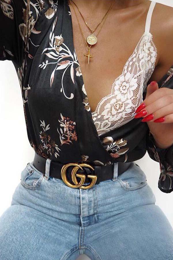 Florcoo Deep V-Neck Flare Sleeve Print Top