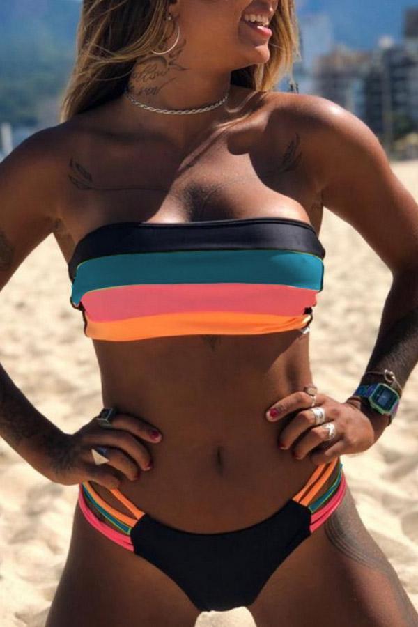 Bandeau Rainbow Striped Bikini Set - Fashionpara