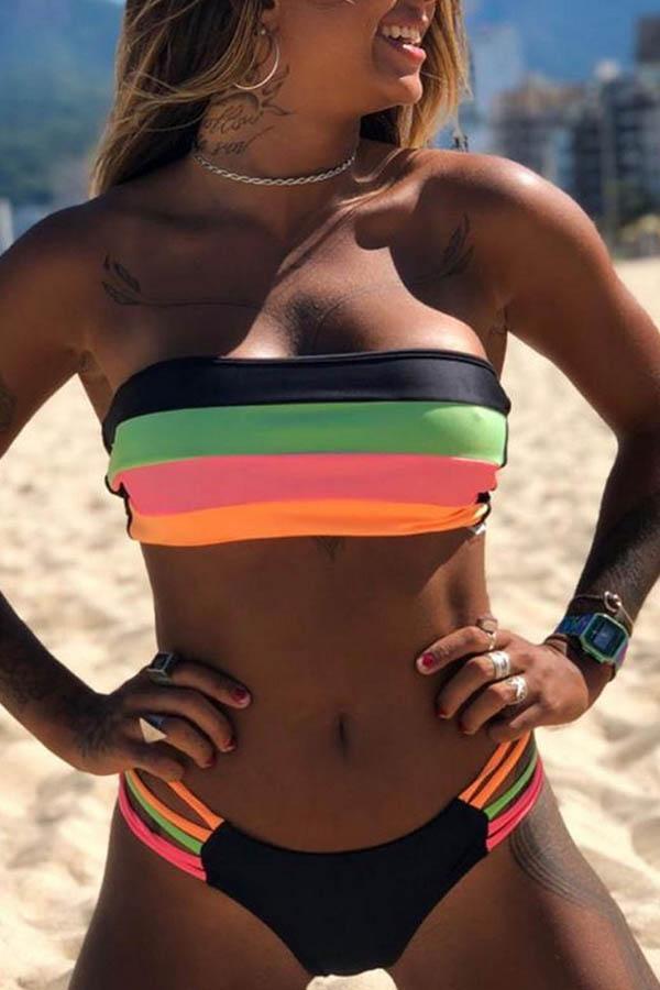Bandeau Rainbow Striped Bikini Set - Fashionpara