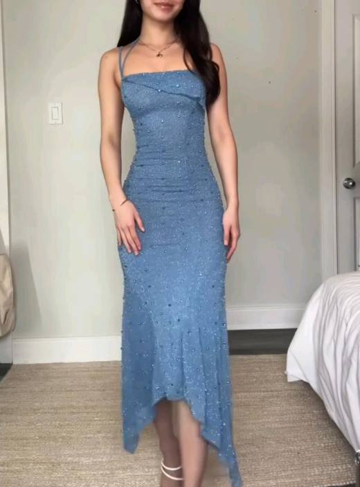 Fashion Spaghetti Straps Blue Sequin Beaded Mermaid Party Dress Formal Wedding Guest Dress D896