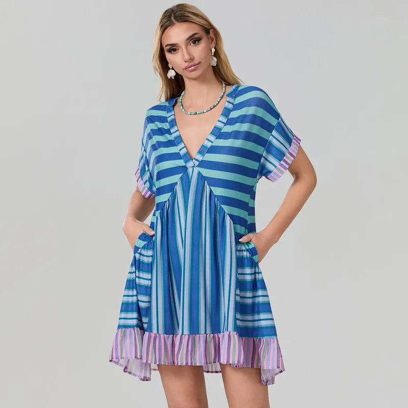 Boho Floral Print V-Neck Short Sleeve Mini Dress 4