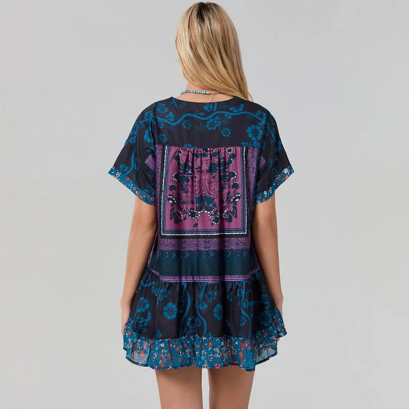 Boho Floral Print V-Neck Short Sleeve Mini Dress 3