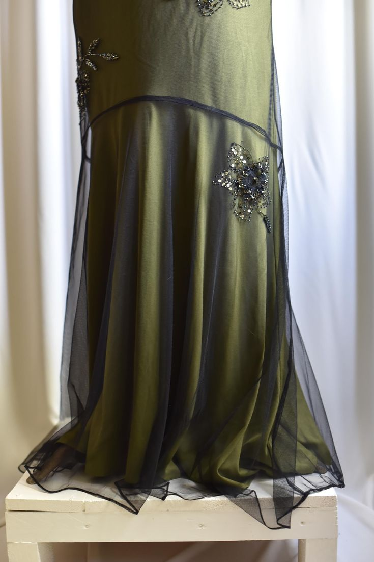 Vintage Olive Green Satin Tulle Beaded Mermaid Evening Dress Backless Long Party Dress D1405