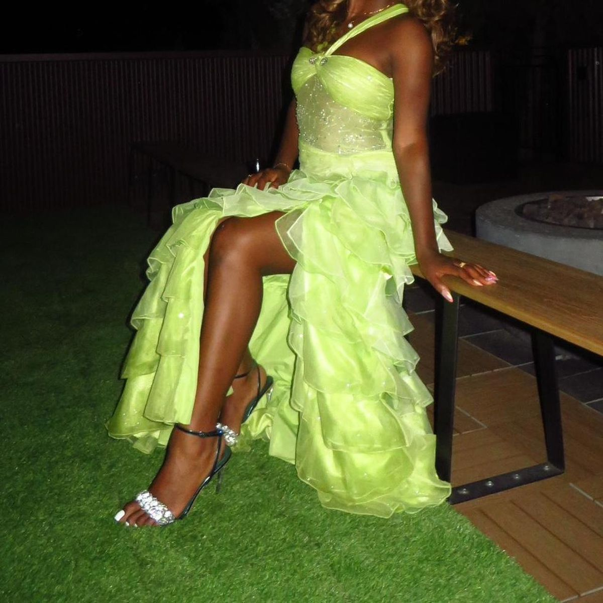 Chic Halter Lemon Green Beaded Tulle Ruffles Layered Slit Long Party Dress Mermaid Evening Gown D1282