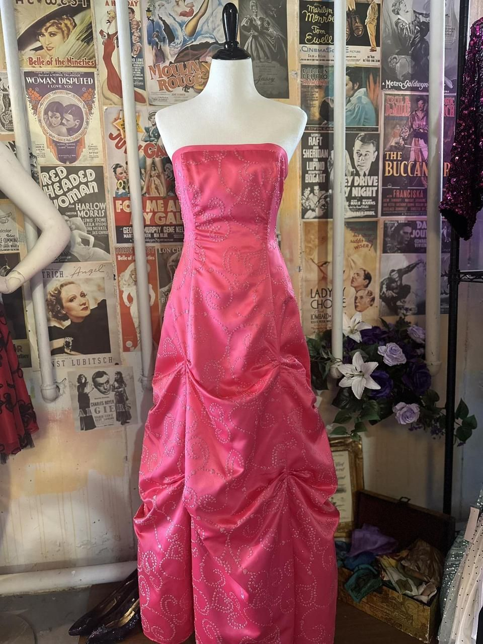 Elegant Hot Pink Strapless Satin Beaded Long Party Dress Birthday Prom Gown D1703