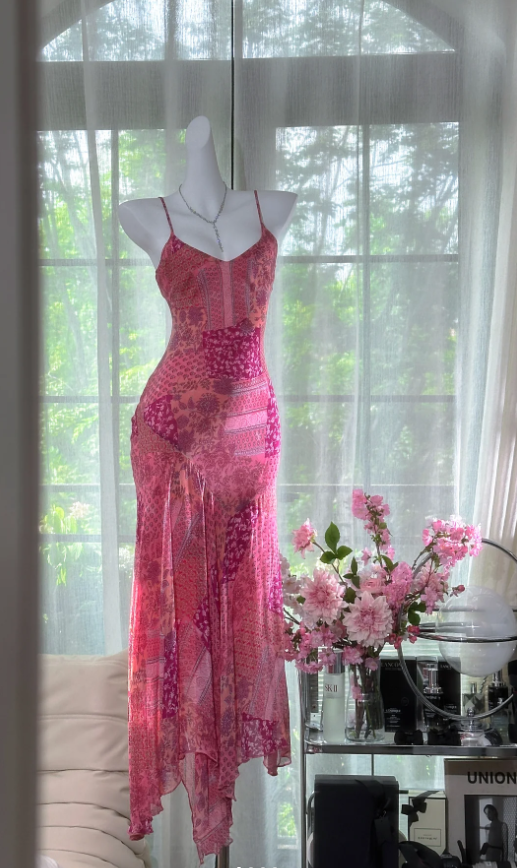 Unique Pink Spaghetti Straps Chiffon V Neck Mermaid Party Dress Long Prom Dress D978