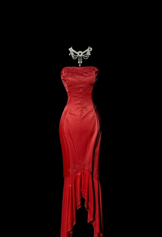 Stylish Strapless Red Satin Beaded Mermaid Long Wedding Guest Dress Formal Birthday Party Dress Prom Gown D1566