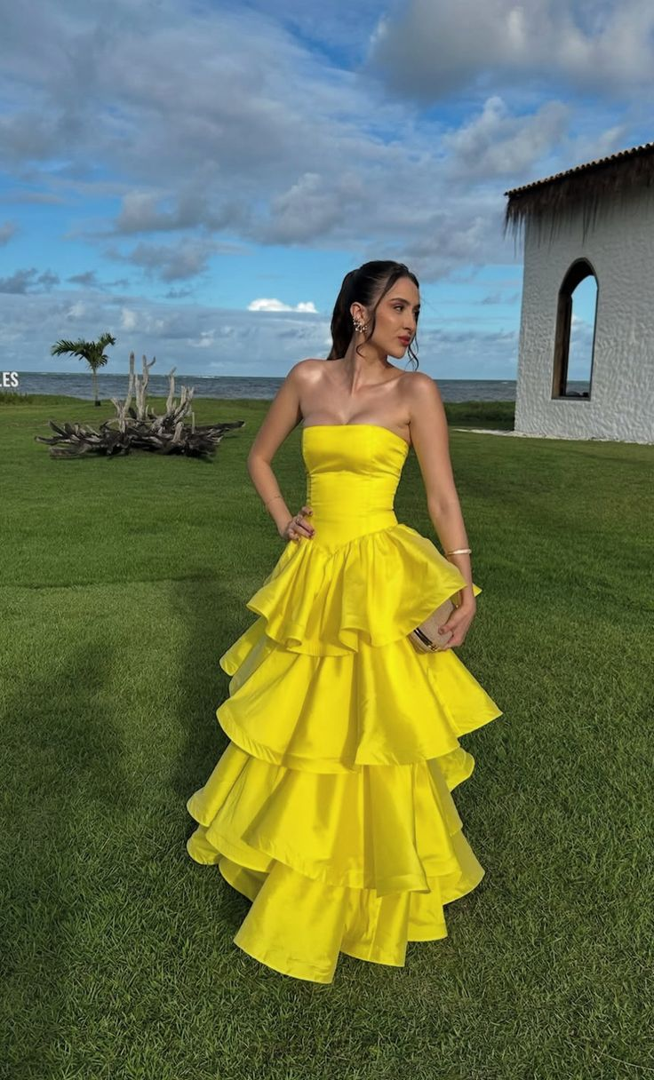 Fashion Yellow Strapless Satin Layered A Line Long Wedding Guest Dress Formal Evening Gown D1541