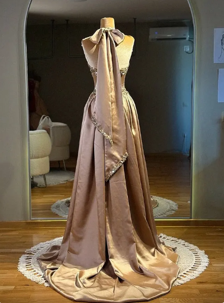 Gorgeous Halter Satin Beaded Long Evening Dress Birthday Party Dress D1281