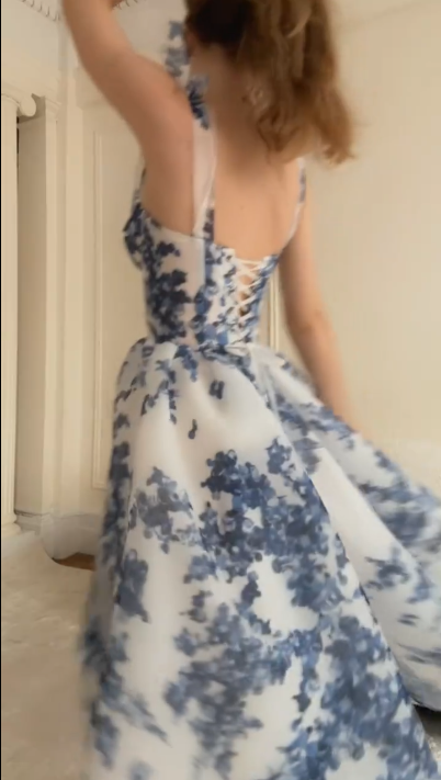 Elegant A Line Sweetheart Neck Blue Chiffon Print Floral Formal Prom Gown Long Party Dress D805