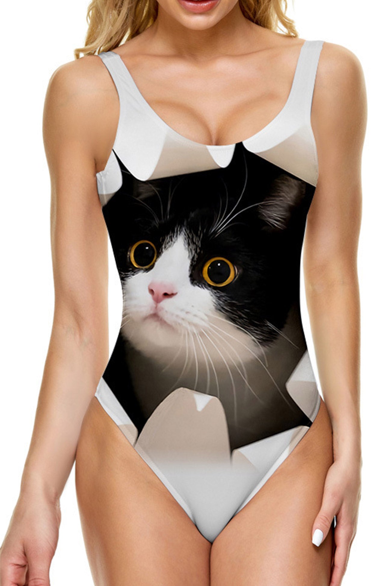 Watching You Cat Print One Piece Swimsuit