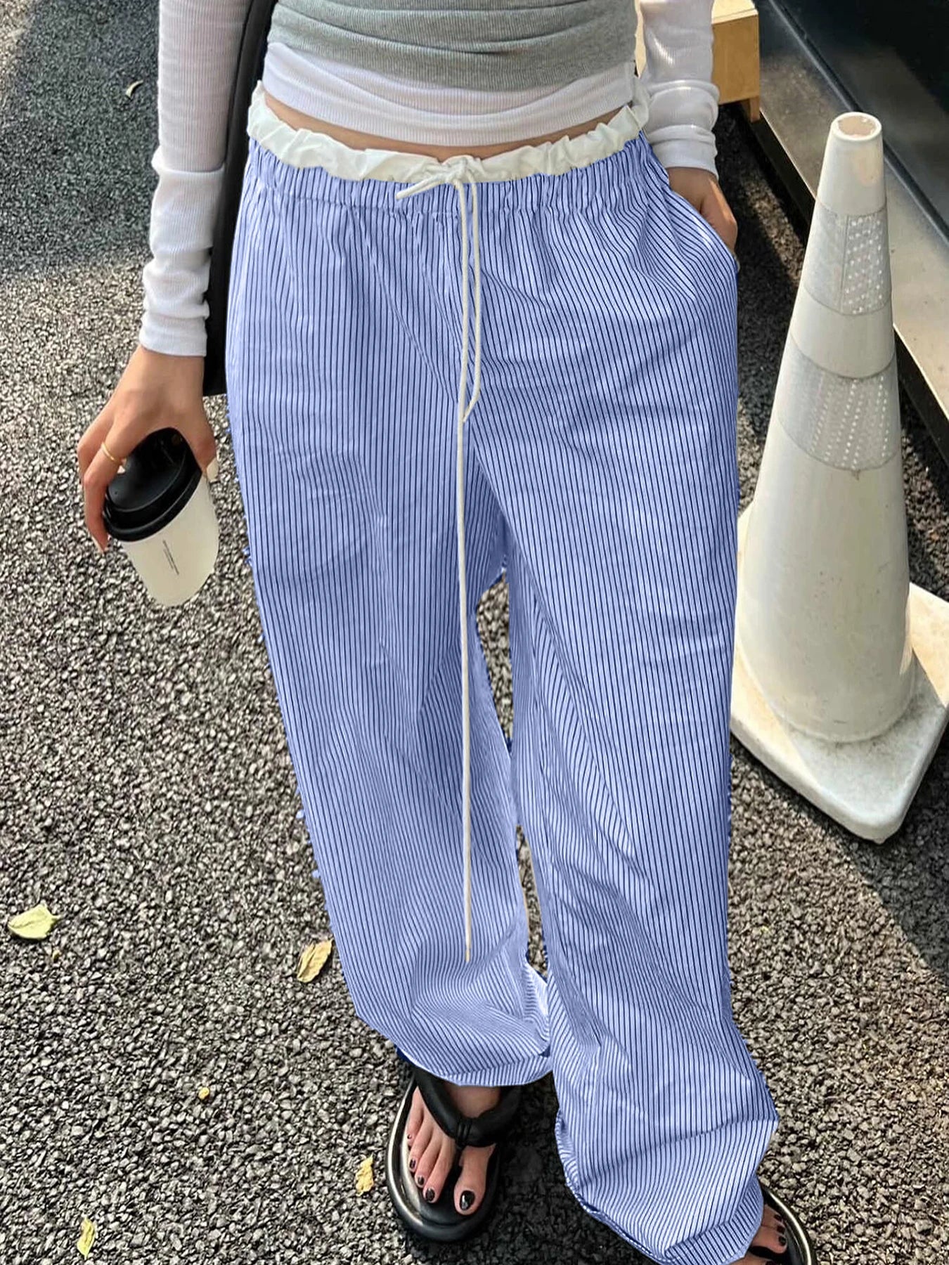 Striped Casual Ruched Vintage Sweet Straight Pant