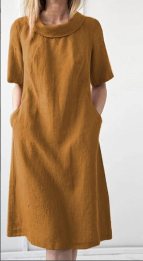 Cowl Neck Short Sleeve Pocket Shift Midi Dress