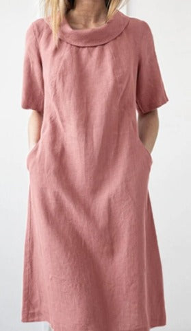 Cowl Neck Short Sleeve Pocket Shift Midi Dress - View 2